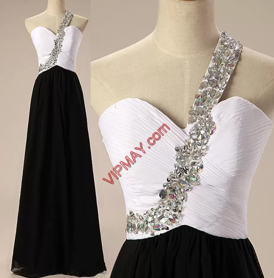 Lovely White And Black Chiffon One Shoulder Sleeveless Floor Length Going Out Dresses Beading and Ruching
