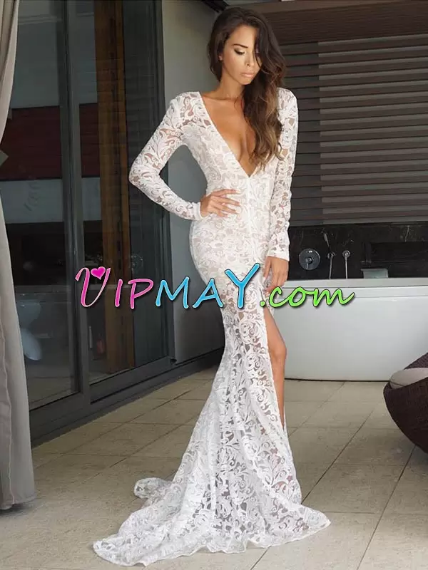 Cheap White Mermaid Lace Prom Gown Lace Up Lace Long Sleeves