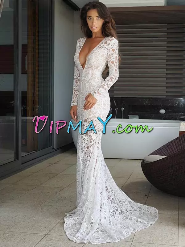 Cheap White Mermaid Lace Prom Gown Lace Up Lace Long Sleeves