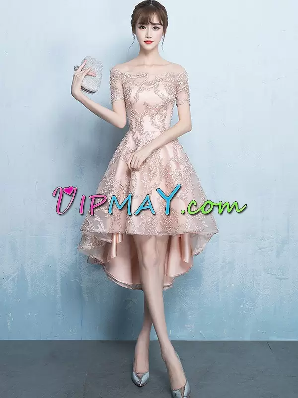 Romantic Off The Shoulder Short Sleeves Lace Up Junior Homecoming Dress Pink Tulle Appliques and Ruching