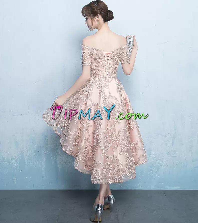 Romantic Off The Shoulder Short Sleeves Lace Up Junior Homecoming Dress Pink Tulle Appliques and Ruching