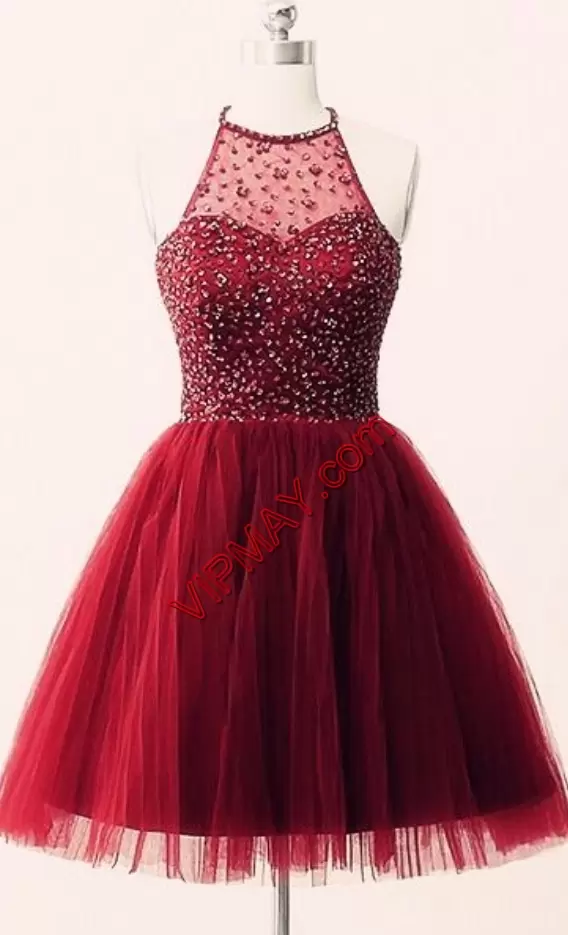 Beade Bodice Wine Red A-line Pleated Illusion Evening Dress Halter Top Tulle Sleeveless Knee Length