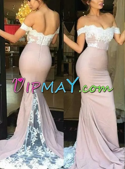 Fantastic White and Pink Lace Up Off The Shoulder Beading and Lace Prom Dresses Satin Sleeveless Sweep Train