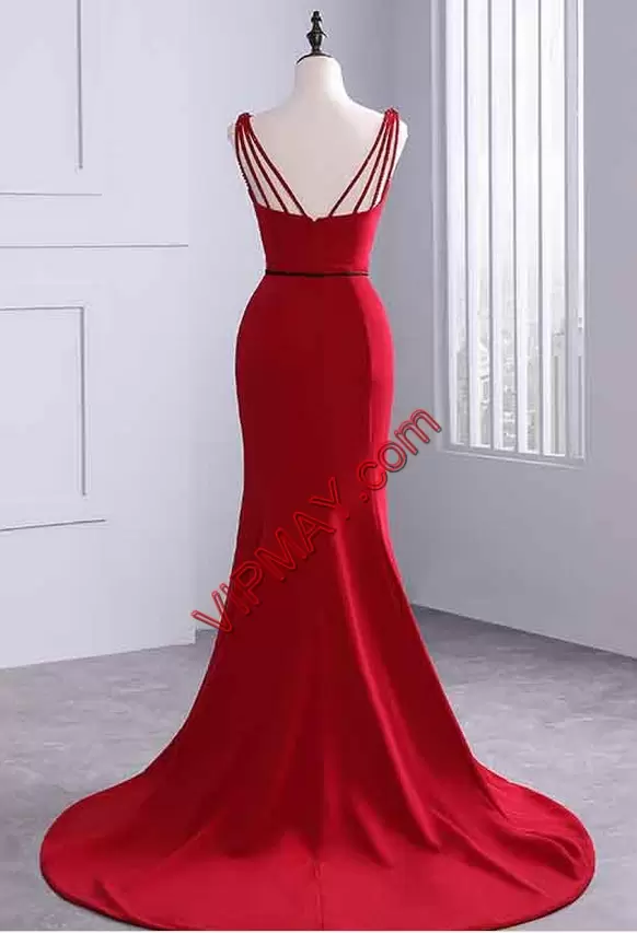 Beautiful Red Zipper Beading Sleeveless Sweep Train