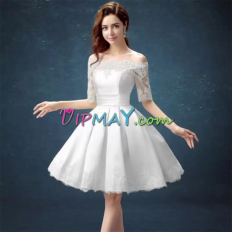 Trendy White A-line Appliques Dress for Prom Lace Up Satin Half Sleeves Mini Length