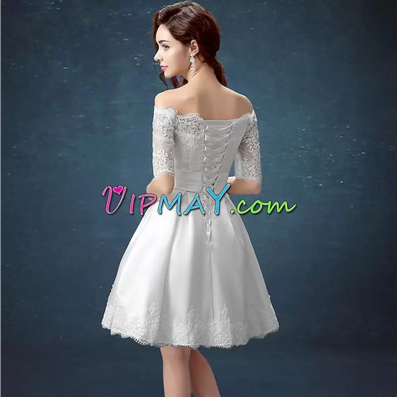 Trendy White A-line Appliques Dress for Prom Lace Up Satin Half Sleeves Mini Length