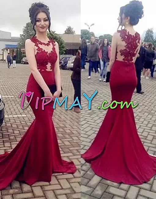 Sleeveless Chiffon Floor Length Brush Train Side Zipper Evening Dress in Red with Appliques