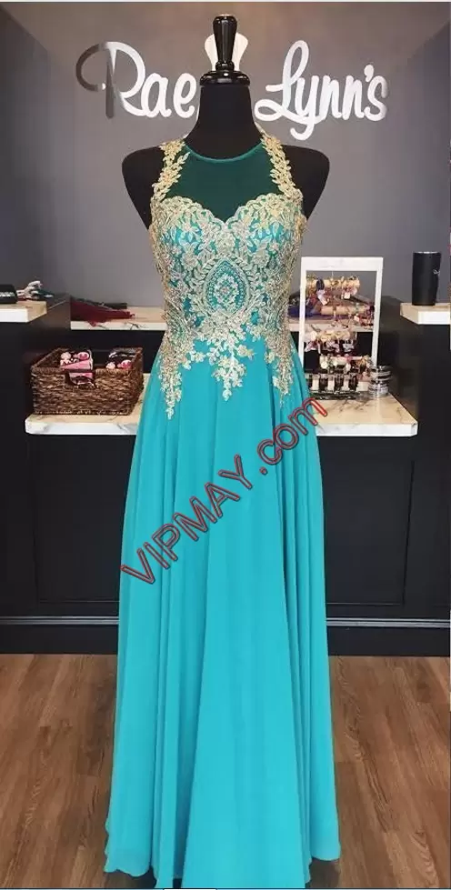 Fashionable Chiffon Sleeveless Floor Length Prom Party Dress and Appliques