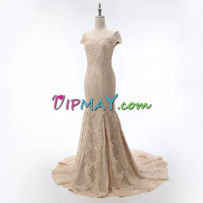 Stylish Champagne Mermaid Lace Off The Shoulder Cap Sleeves Appliques Zipper Prom Dresses Brush Train