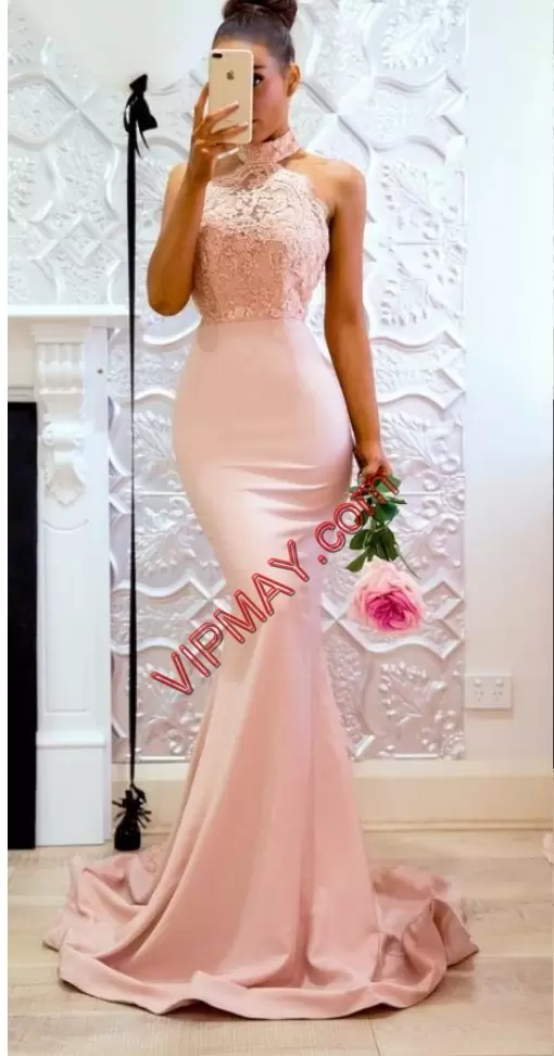 Pink Sleeveless Satin Brush Train Zipper Homecoming Dresses for Prom and Party