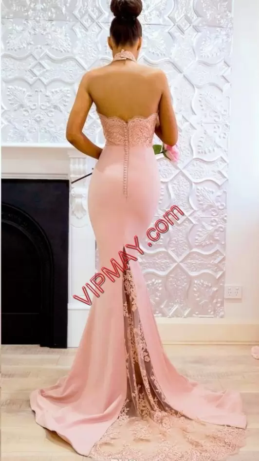 Pink Sleeveless Satin Brush Train Zipper Homecoming Dresses for Prom and Party