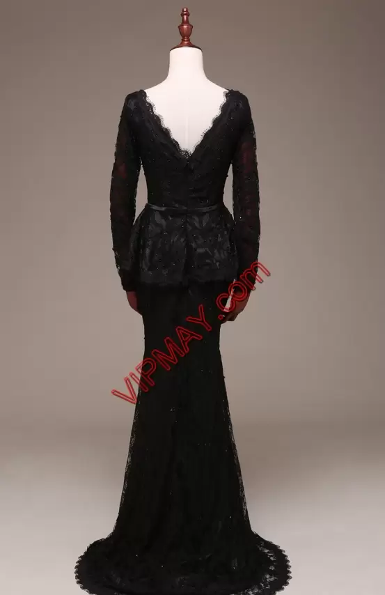 Custom Fit Lace Prom Dress Black Zipper Long Sleeves Brush Train