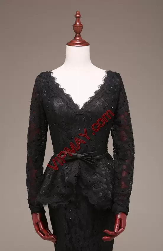 Custom Fit Lace Prom Dress Black Zipper Long Sleeves Brush Train