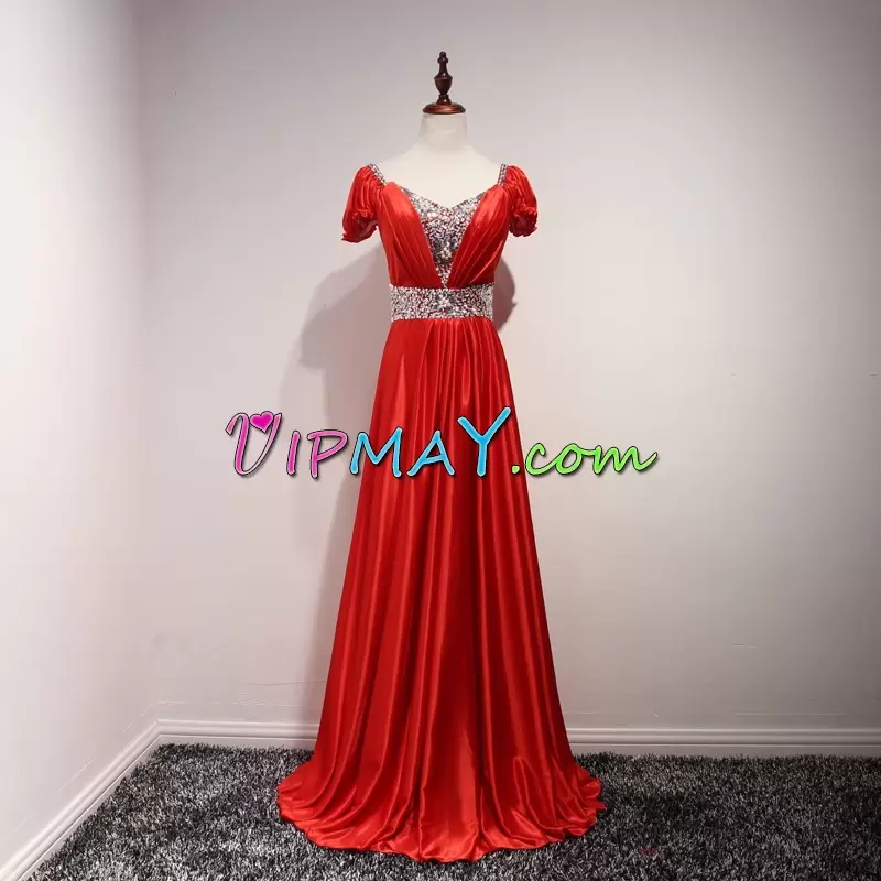 Flare Floor Length Red Homecoming Party Dress Short Sleeves Beading