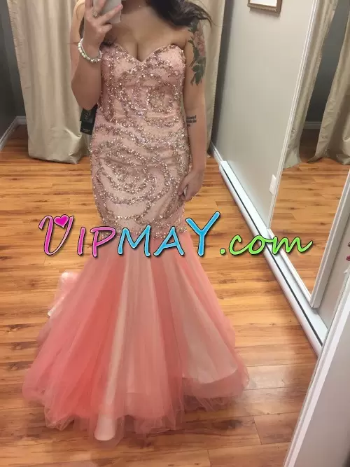 Pink Sleeveless Floor Length Beading Lace Up Prom Gown Sweetheart