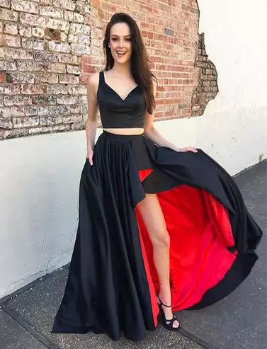 red and black evening gown,black and red lace formal dress,two piece evening wear,two piece long evening dress,two piece evening dress,long satin evening dress,asymmetrical evening gown,high slit sexy evening dress,
