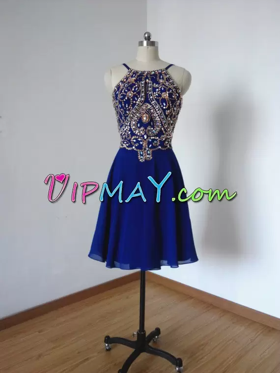 Sleeveless Chiffon Mini Length Backless Prom Party Dress in Royal Blue with Beading