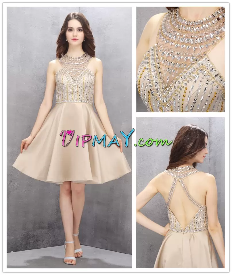 High Class Champagne Satin Evening Dress Sleeveless Knee Length Beading