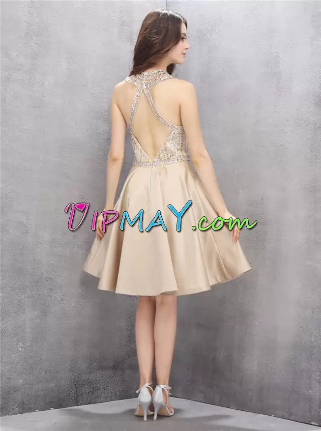 High Class Champagne Satin Evening Dress Sleeveless Knee Length Beading