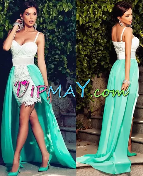 Sleeveless With Train Lace and Belt Zipper Homecoming Dress with White and Turquoise Sweep Train