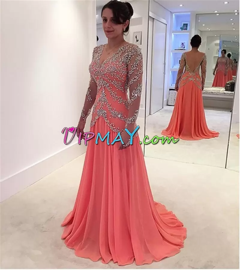 Watermelon Red Backless V-neck Beading and Lace Prom Dress Chiffon Long Sleeves