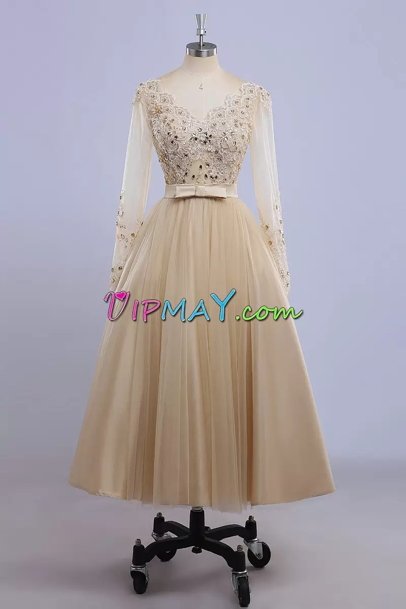 Tulle Long Sleeves Tea Length Going Out Dresses and Beading and Lace