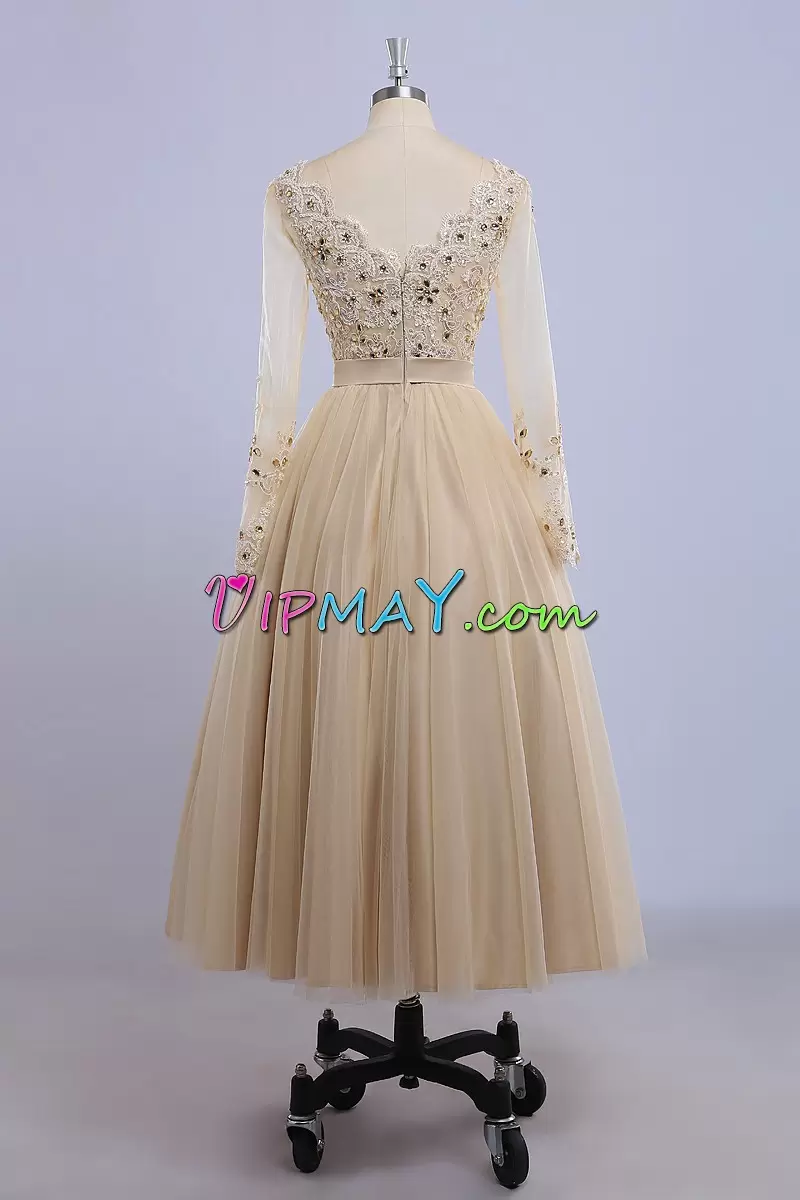 Tulle Long Sleeves Tea Length Going Out Dresses and Beading and Lace