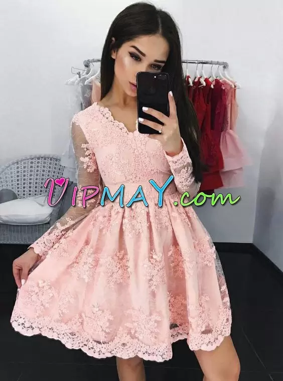 Mini Length A-line Long Sleeves Pink Prom Dress