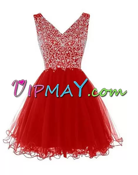 Fitting Red Prom Party Dress Prom and Party with Beading V-neck Sleeveless Zipper