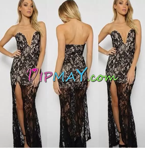 Inexpensive Black Lace Zipper V-neck Sleeveless Floor Length Homecoming Party Dress Lace