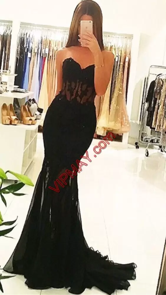 Black Mermaid Sweetheart Sleeveless Satin and Organza and Tulle Floor Length Sweep Train Lace Up Beading and Lace Juniors Evening Dress