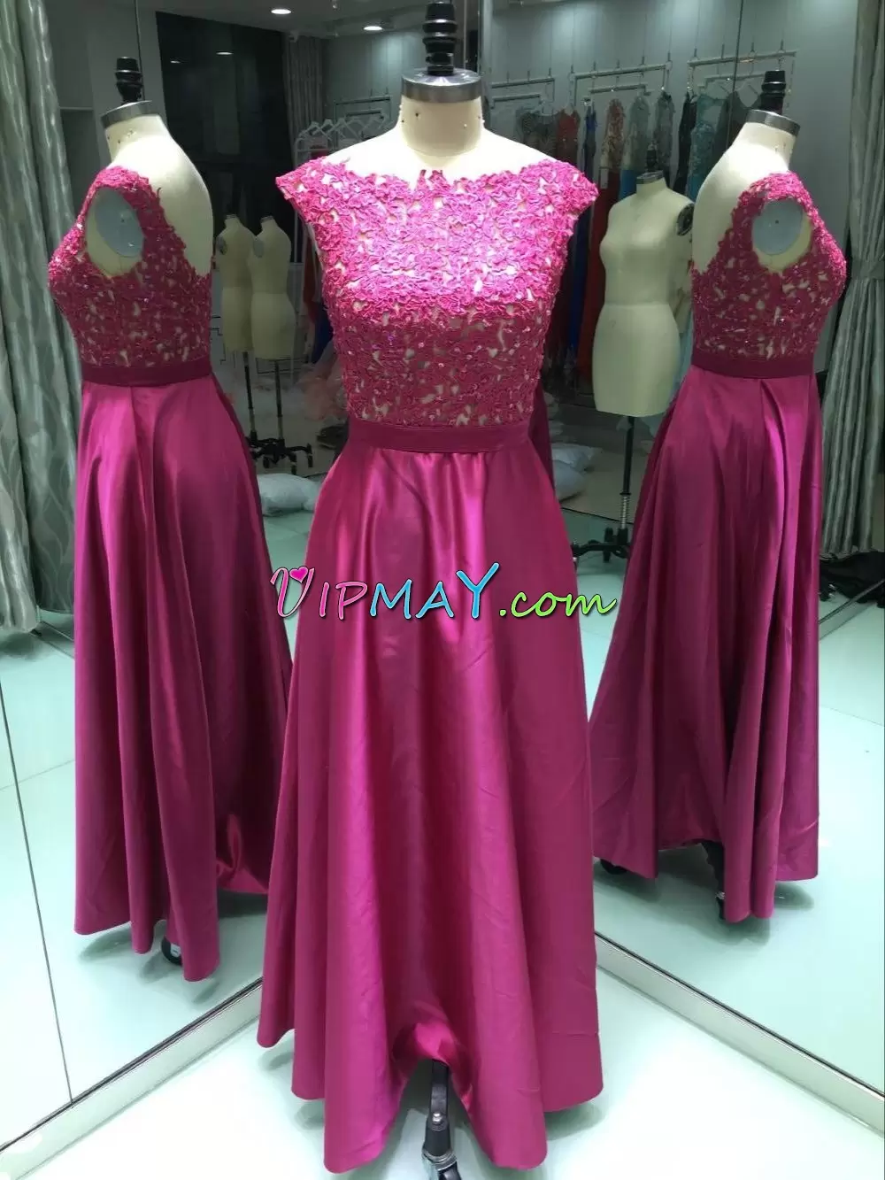 Pretty Fuchsia Satin Scoop Sleeveless Floor Length Juniors Evening Dress Lace