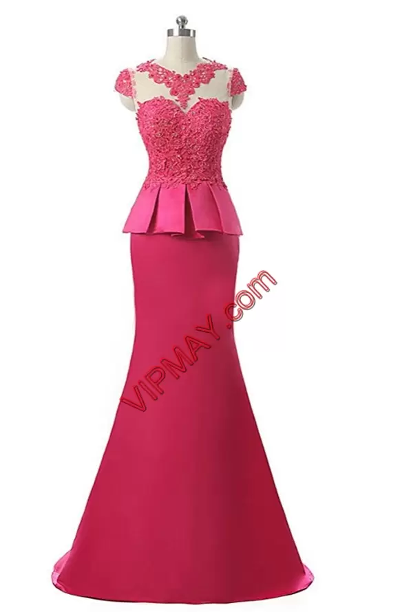 Charming Hot Pink V-neck Neckline Lace and Appliques Prom Dress Cap Sleeves Zipper