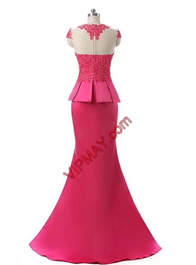 Charming Hot Pink V-neck Neckline Lace and Appliques Prom Dress Cap Sleeves Zipper