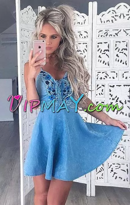 Mini Length Blue Homecoming Gowns Sleeveless Embroidery