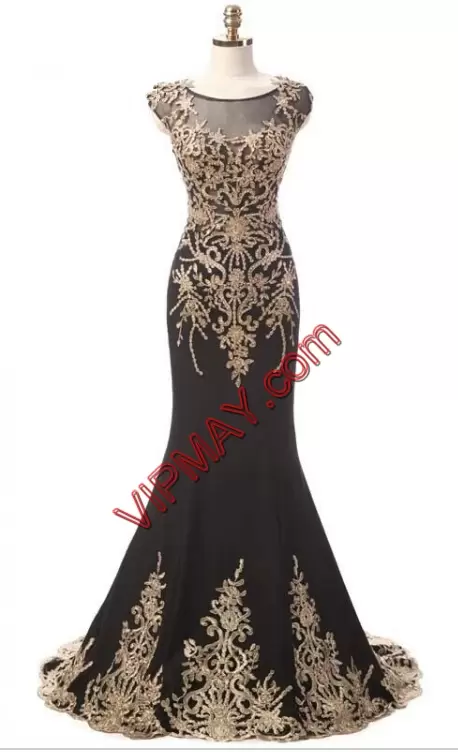 Cap Sleeves Scoop Brush Train Zipper Floor Length Appliques Junior Homecoming Dress Scoop