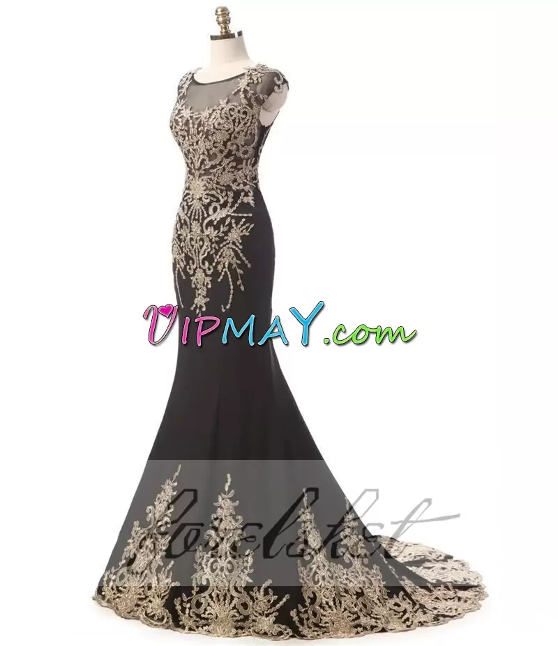 Cap Sleeves Scoop Brush Train Zipper Floor Length Appliques Junior Homecoming Dress Scoop