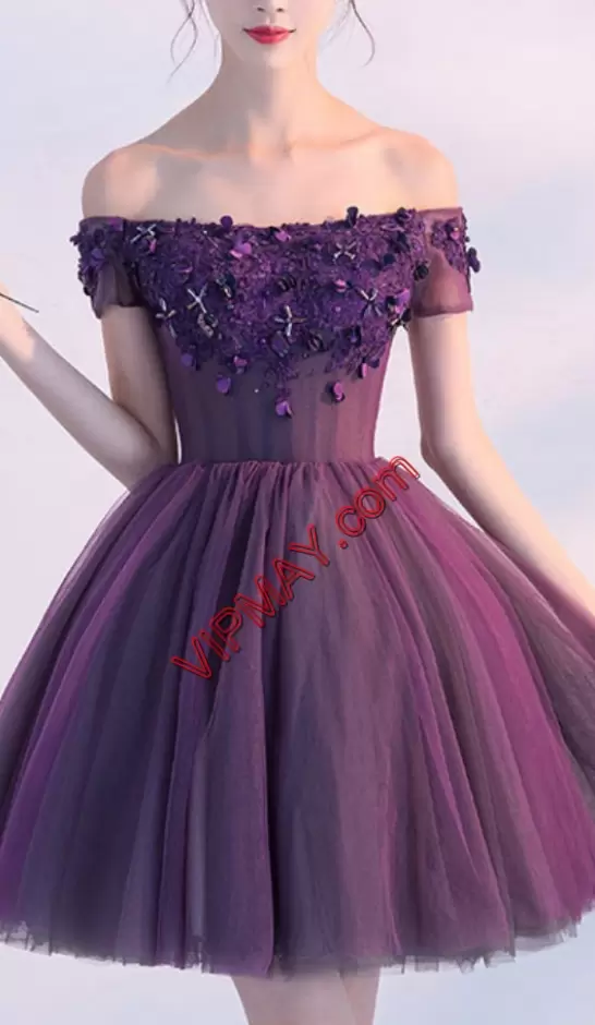 Unique Purple A-line Off The Shoulder Short Sleeves Mini Length Lace Up Hand Made Flower