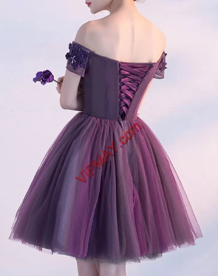 Unique Purple A-line Off The Shoulder Short Sleeves Mini Length Lace Up Hand Made Flower