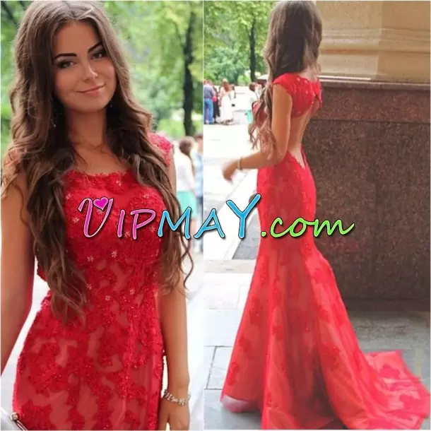 Sweep Train Mermaid Homecoming Party Dress Red Scoop Sleeveless Backless