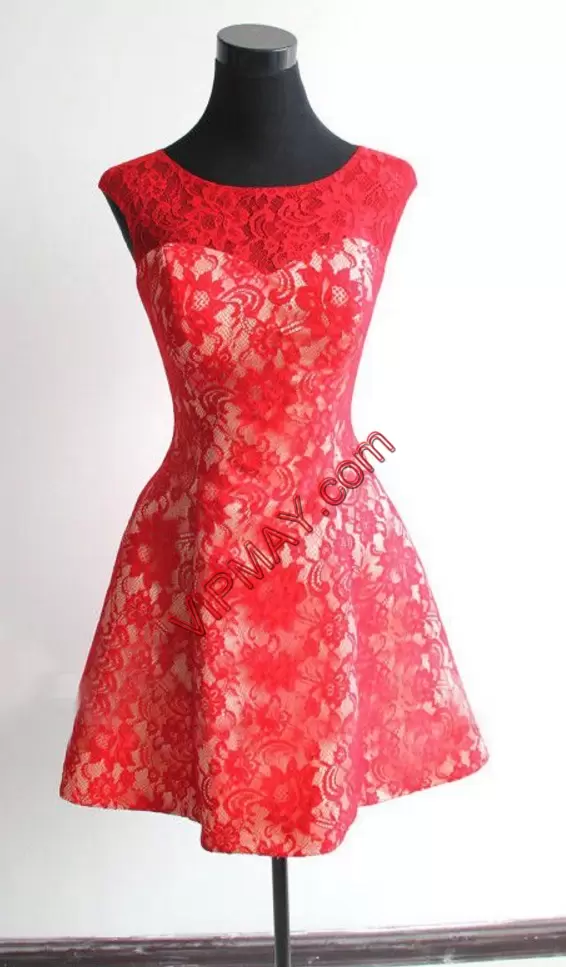 Red Lace Over Illusion Neck Mini Length Short Junior Homecoming Dress Scoop Neckline