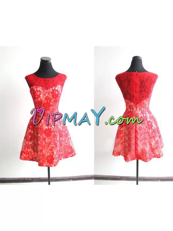 Red Lace Over Illusion Neck Mini Length Short Junior Homecoming Dress Scoop Neckline