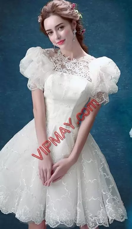 White Short Sleeves Lace Knee Length Homecoming Dress