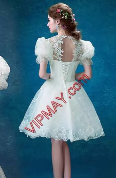 White Short Sleeves Lace Knee Length Homecoming Dress