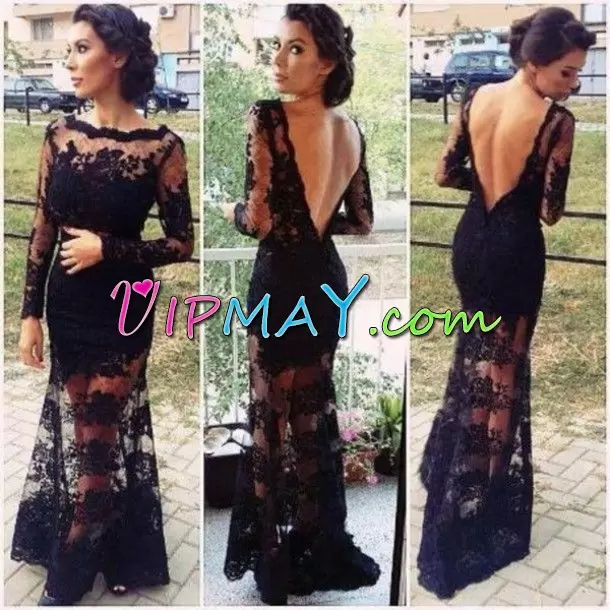 Beautiful Black Prom Party Dress Prom and Party with Lace and Appliques Scoop Long Sleeves Backless