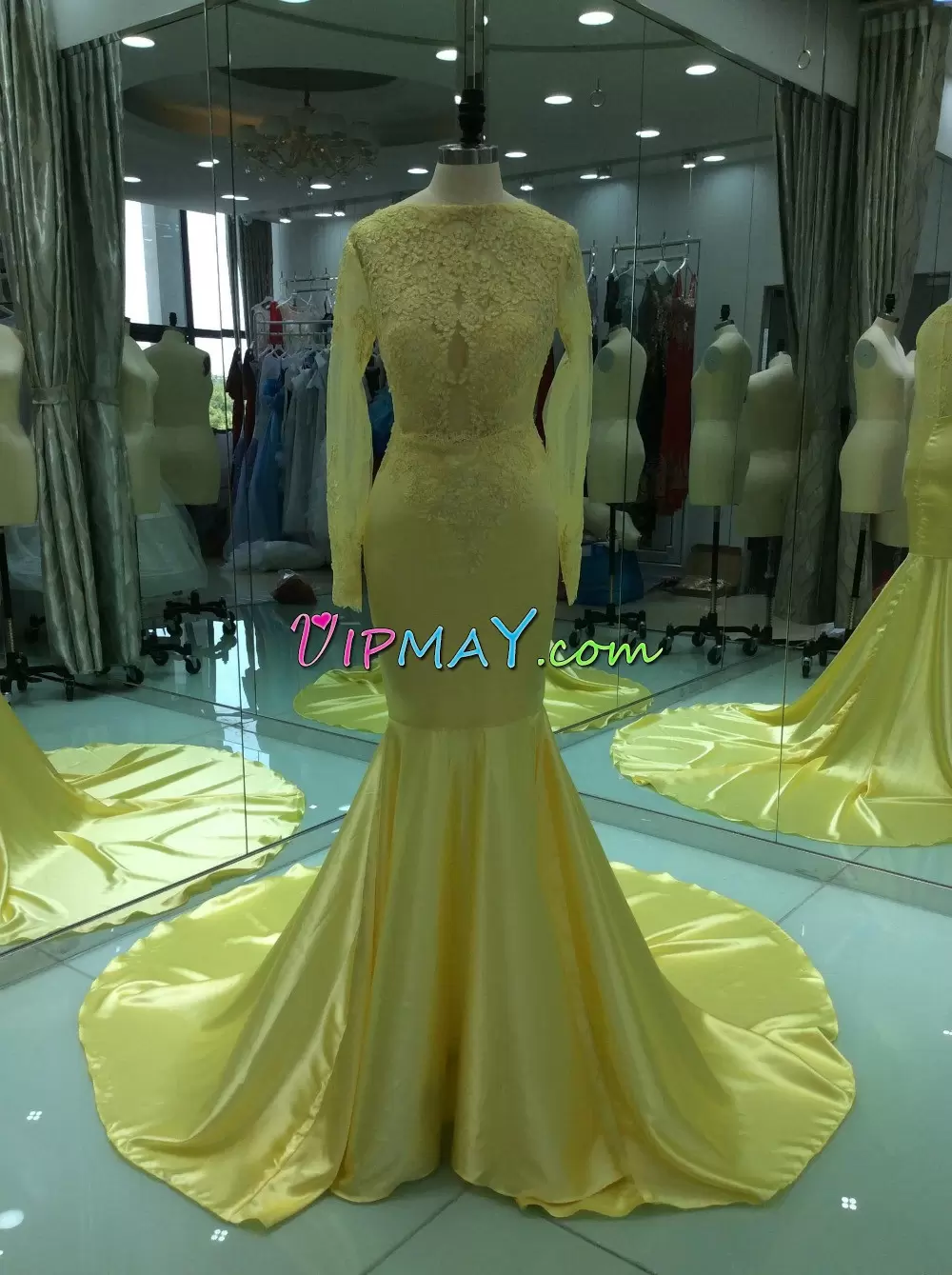 On Sale Gold Evening Dress Prom and Party and Military Ball with Lace Bateau Long Sleeves Zipper