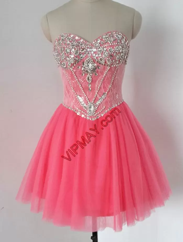 Chic Pink Tulle Zipper Sweetheart Sleeveless Mini Length Beading and Lace