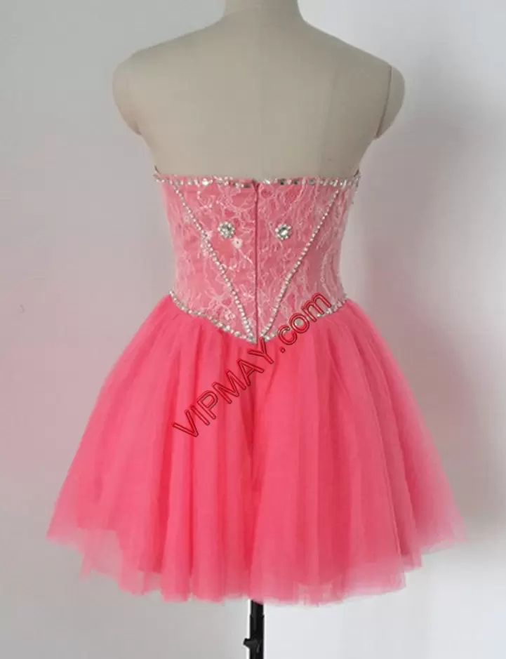 Chic Pink Tulle Zipper Sweetheart Sleeveless Mini Length Beading and Lace