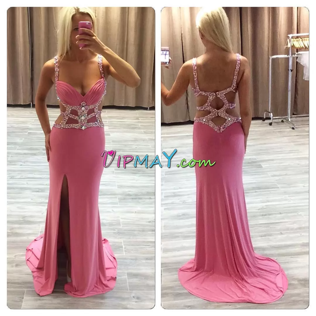 Free and Easy Beading Prom Party Dress Watermelon Red Backless Sleeveless Brush Train