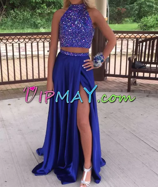 Royal Blue Zipper High-neck Beading Prom Evening Gown Chiffon Sleeveless